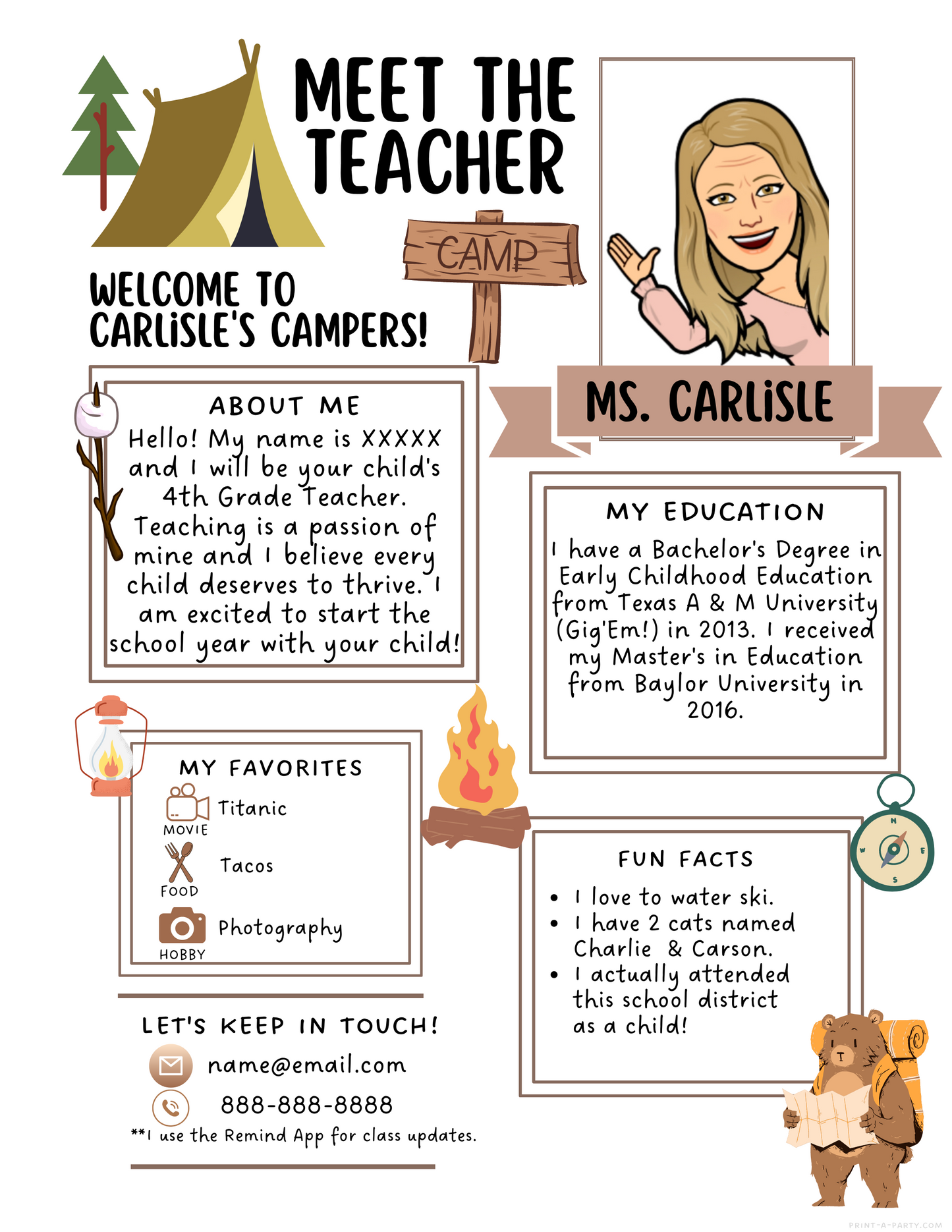 Meet the Teacher Editable Template CAMPING THEME | CAMPERS Themed Classroom | First Day of School Teacher Note | Back to School Welcome Letter | Teacher School First Day Template