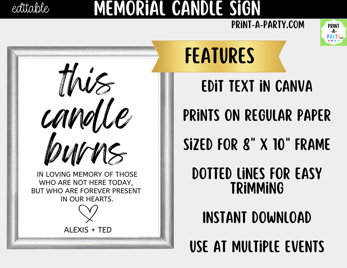 Editable Memorial Candle Sign – This Candle Burns in Memory | 8x10