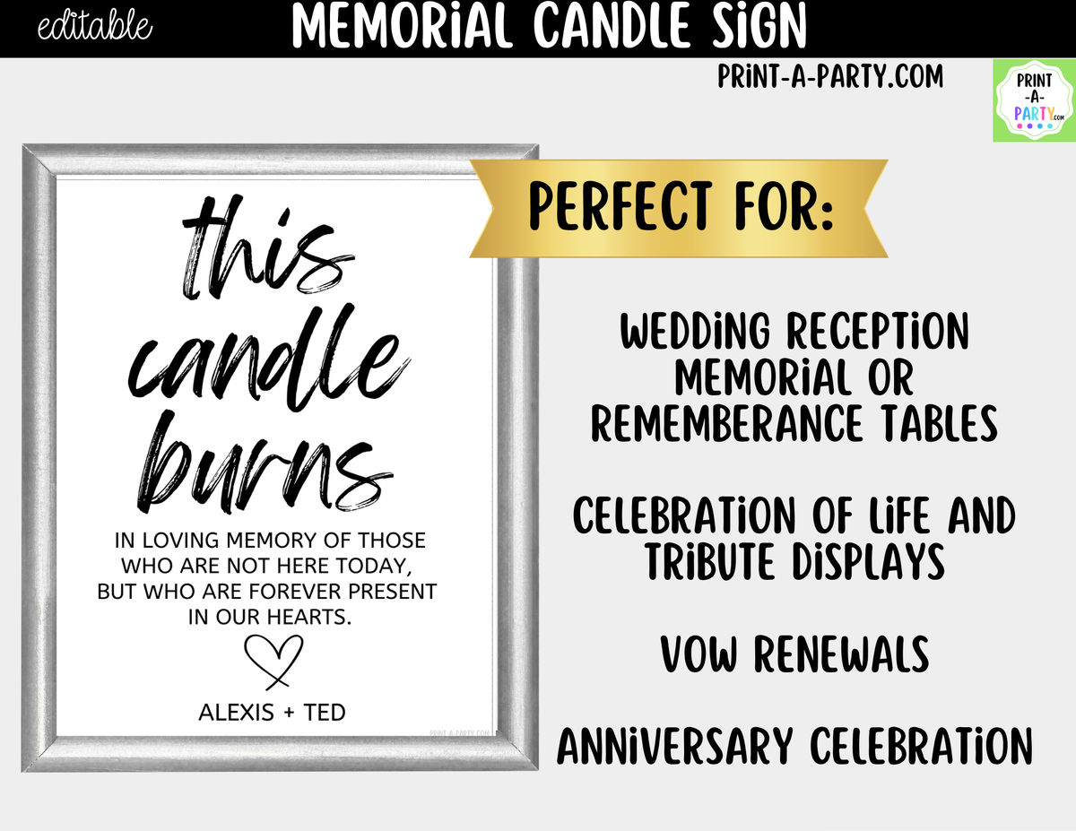 Editable Memorial Candle Sign – This Candle Burns in Memory | 8x10
