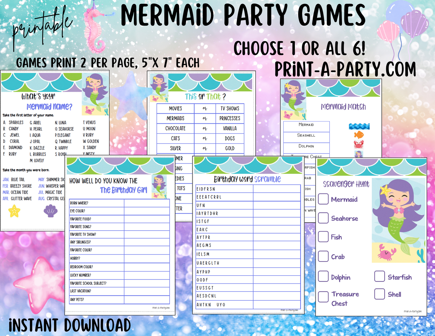 GAMES: MERMAID THEME | Birthday Party Games | Mermaid Party | Mermaid Party Ideas | INSTANT DOWNLOAD