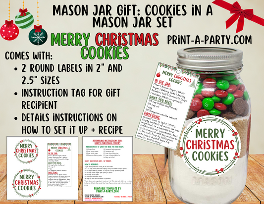 MASON JAR GIFT: Merry Christmas Cookies in a Mason Jar - Printable Kit perfect for Holiday Gift Idea