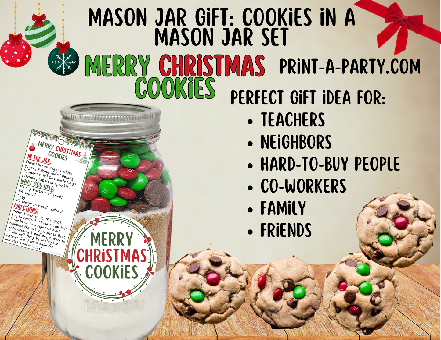 MASON JAR GIFT: Merry Christmas Cookies in a Mason Jar - Printable Kit perfect for Holiday Gift Idea
