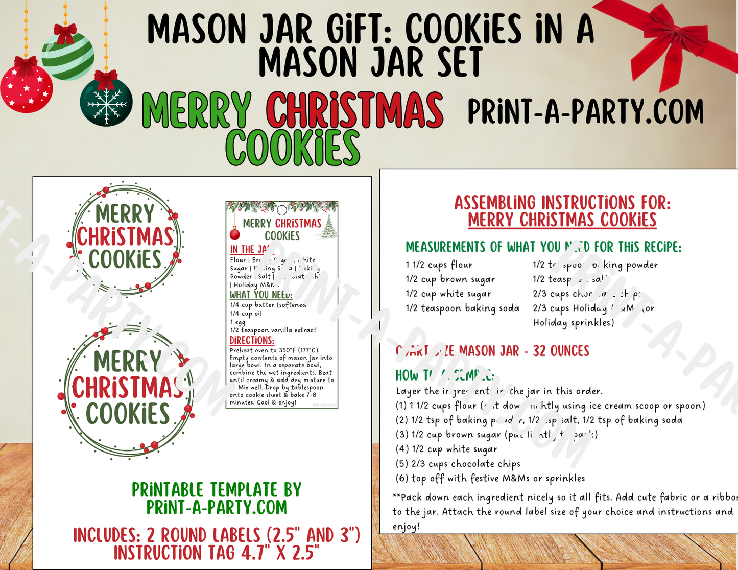 MASON JAR GIFT: Merry Christmas Cookies in a Mason Jar - Printable Kit perfect for Holiday Gift Idea