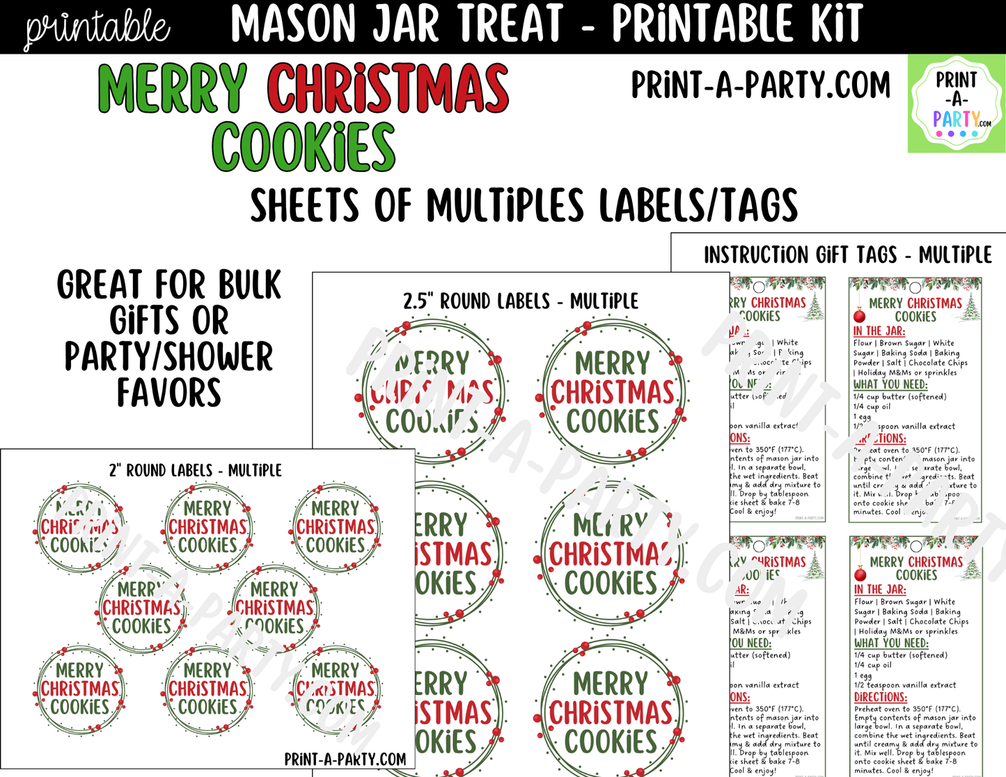 Merry Christmas Cookies in a Mason Jar Gift Printable Kit - Labels, Tag, Recipe & Instructions