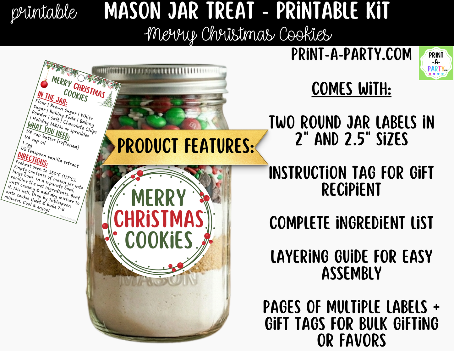 Merry Christmas Cookies in a Mason Jar Gift Printable Kit - Labels, Tag, Recipe & Instructions