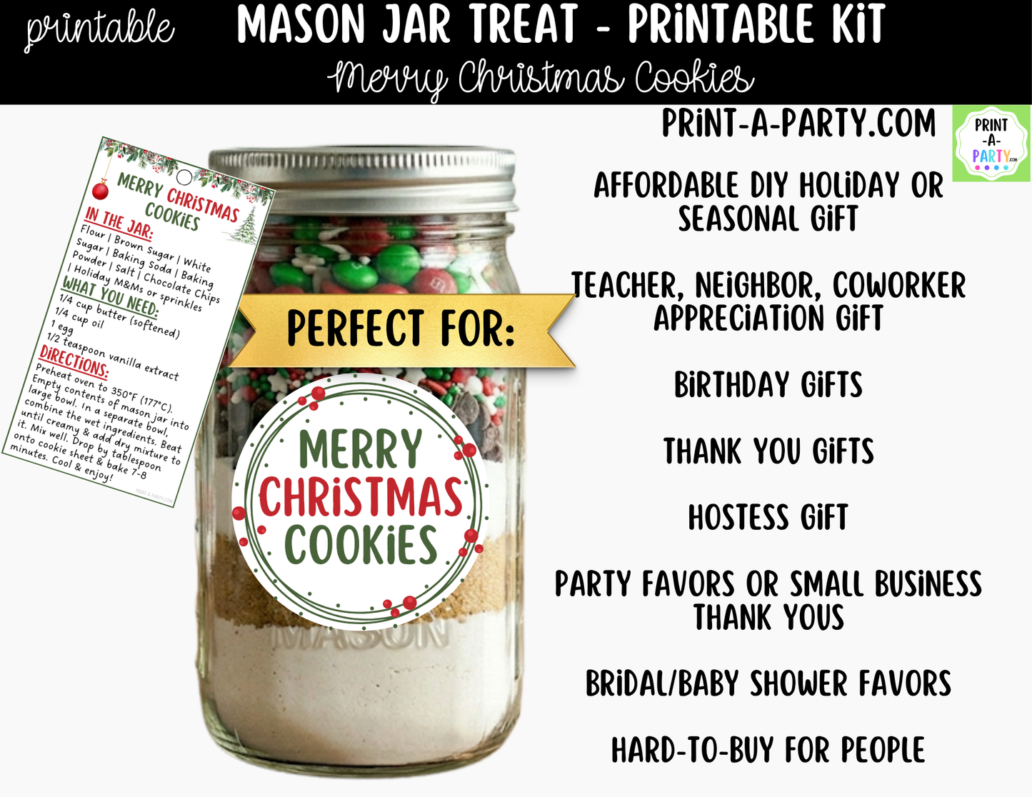 Merry Christmas Cookies in a Mason Jar Gift Printable Kit - Labels, Tag, Recipe & Instructions