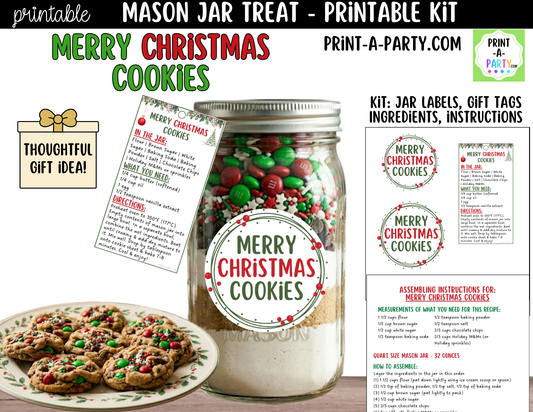 Merry Christmas Cookies in a Mason Jar Gift Printable Kit - Labels, Tag, Recipe & Instructions