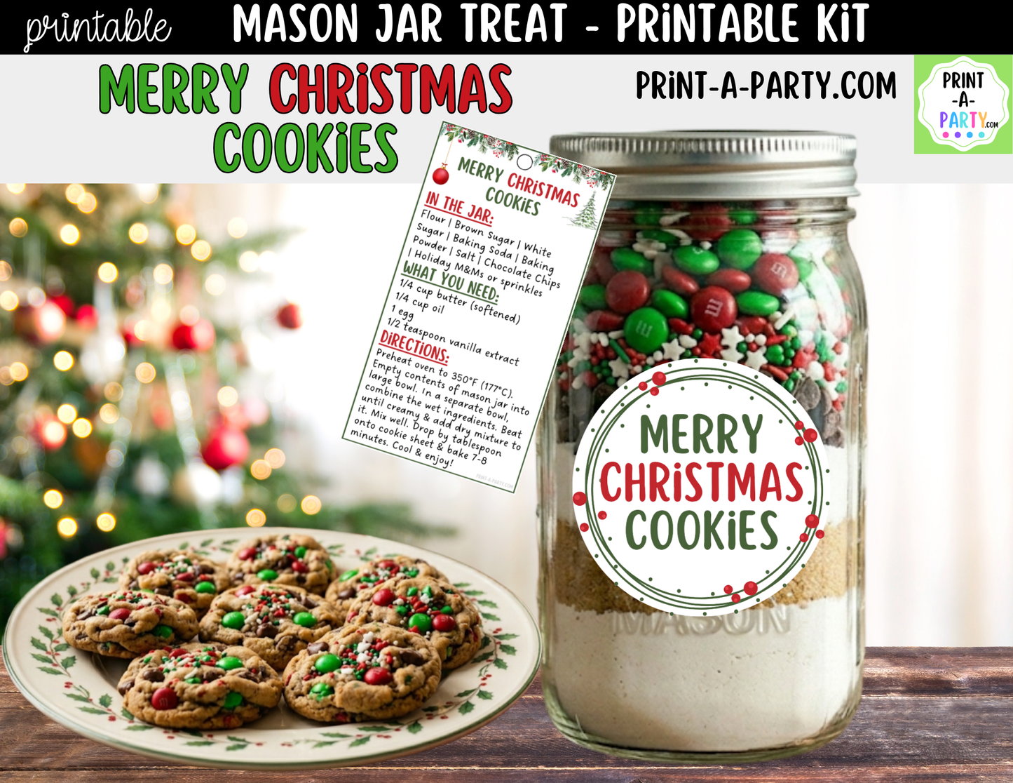 Merry Christmas Cookies in a Mason Jar Gift Printable Kit - Labels, Tag, Recipe & Instructions