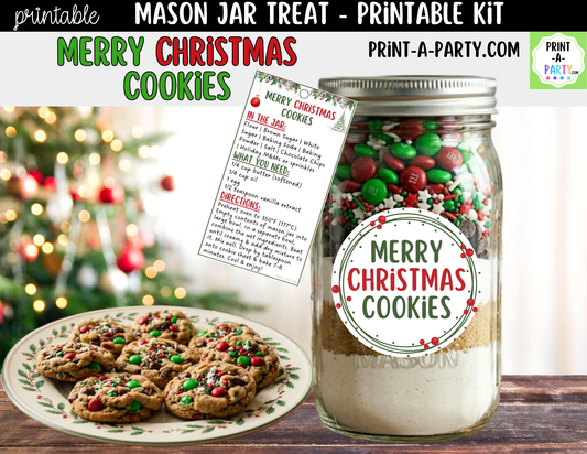 Merry Christmas Cookies in a Mason Jar Gift Printable Kit - Labels, Tag, Recipe & Instructions
