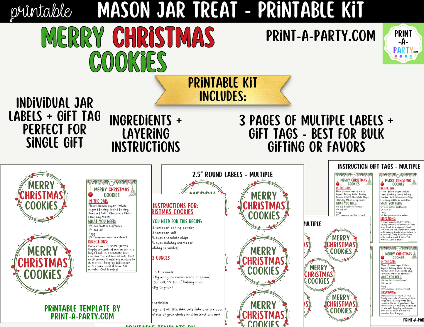 Merry Christmas Cookies in a Mason Jar Gift Printable Kit - Labels, Tag, Recipe & Instructions