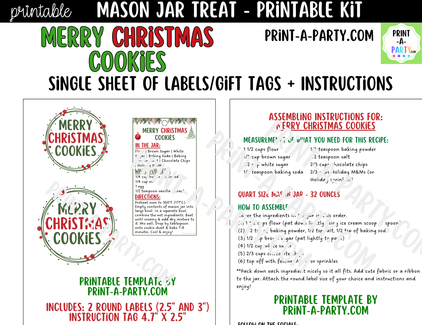 Merry Christmas Cookies in a Mason Jar Gift Printable Kit - Labels, Tag, Recipe & Instructions