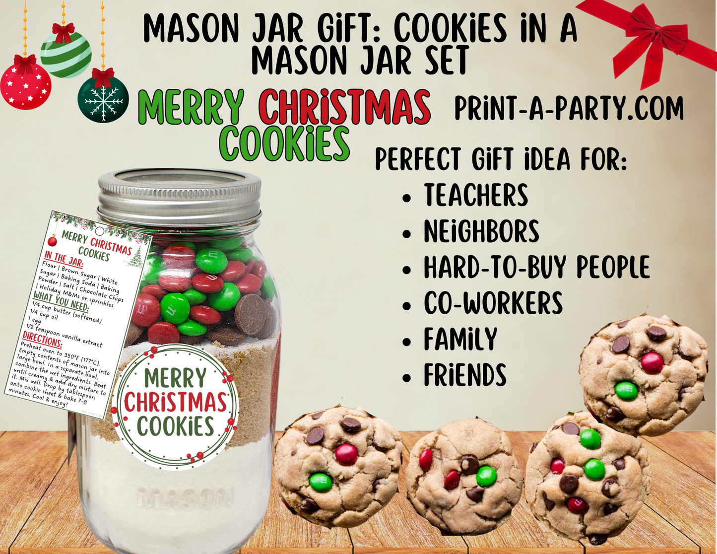 MASON JAR COOKIE GIFT: Merry Christmas Cookies in a Mason Jar | Cookies in a jar gift | Mason Jar Gift Kit | Holiday Mason Jar Gift