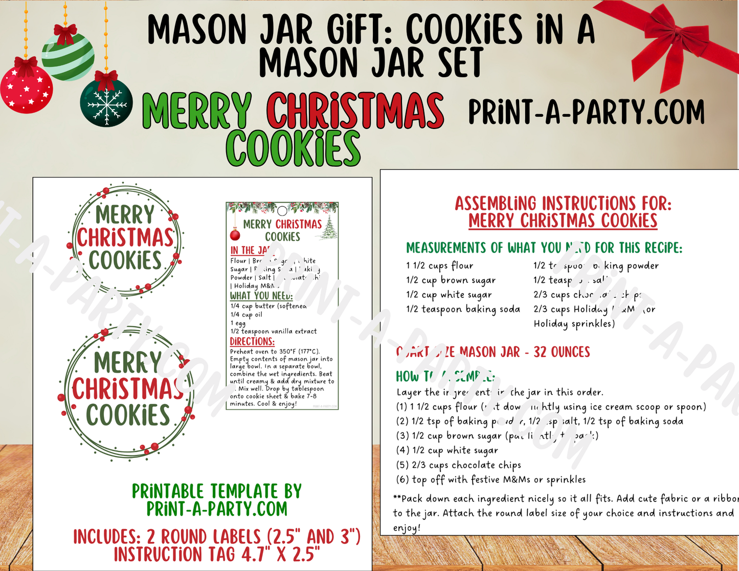 MASON JAR COOKIE GIFT: Merry Christmas Cookies in a Mason Jar | Cookies in a jar gift | Mason Jar Gift Kit | Holiday Mason Jar Gift