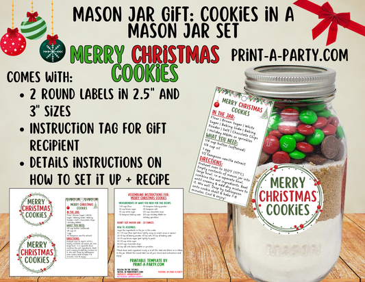 MASON JAR COOKIE GIFT: Merry Christmas Cookies in a Mason Jar | Cookies in a jar gift | Mason Jar Gift Kit | Holiday Mason Jar Gift