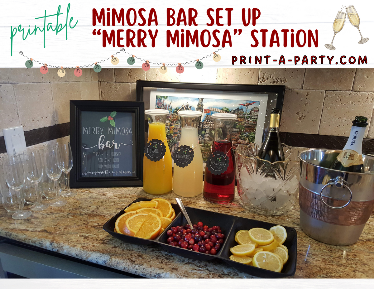 Merry Mimosa Bar Sign & Juice Labels Printable – Christmas Drink Station Kit