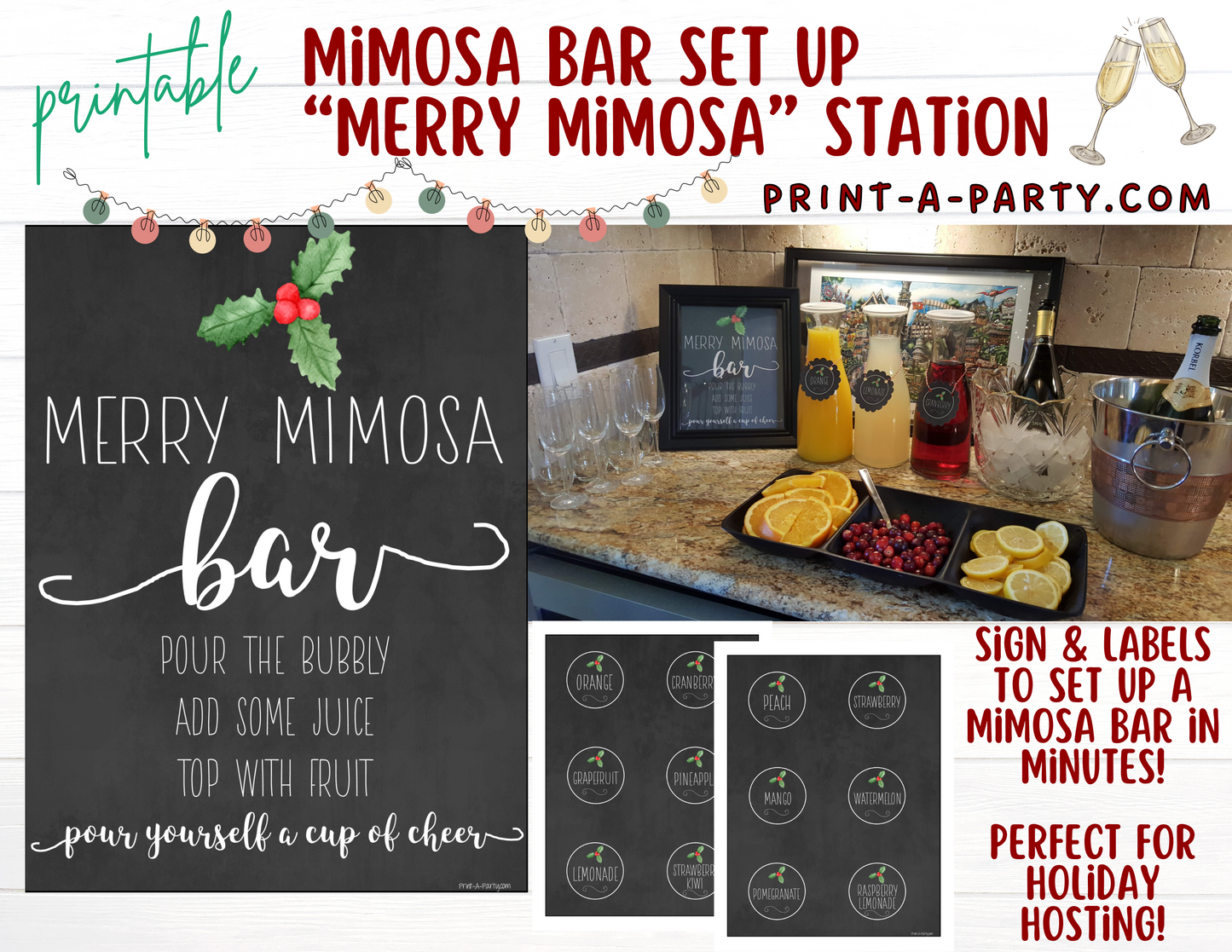 Merry Mimosa Bar Sign & Juice Labels Printable – Christmas Drink Station Kit