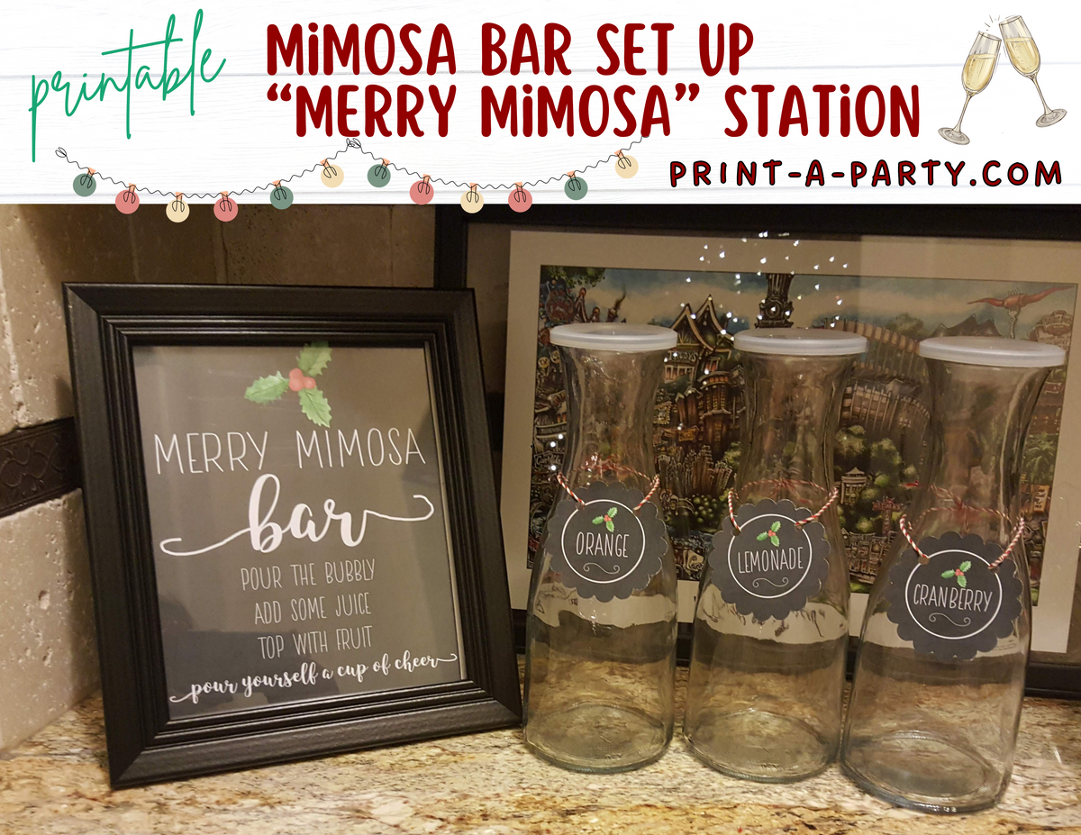 Merry Mimosa Bar Sign & Juice Labels Printable – Christmas Drink Station Kit