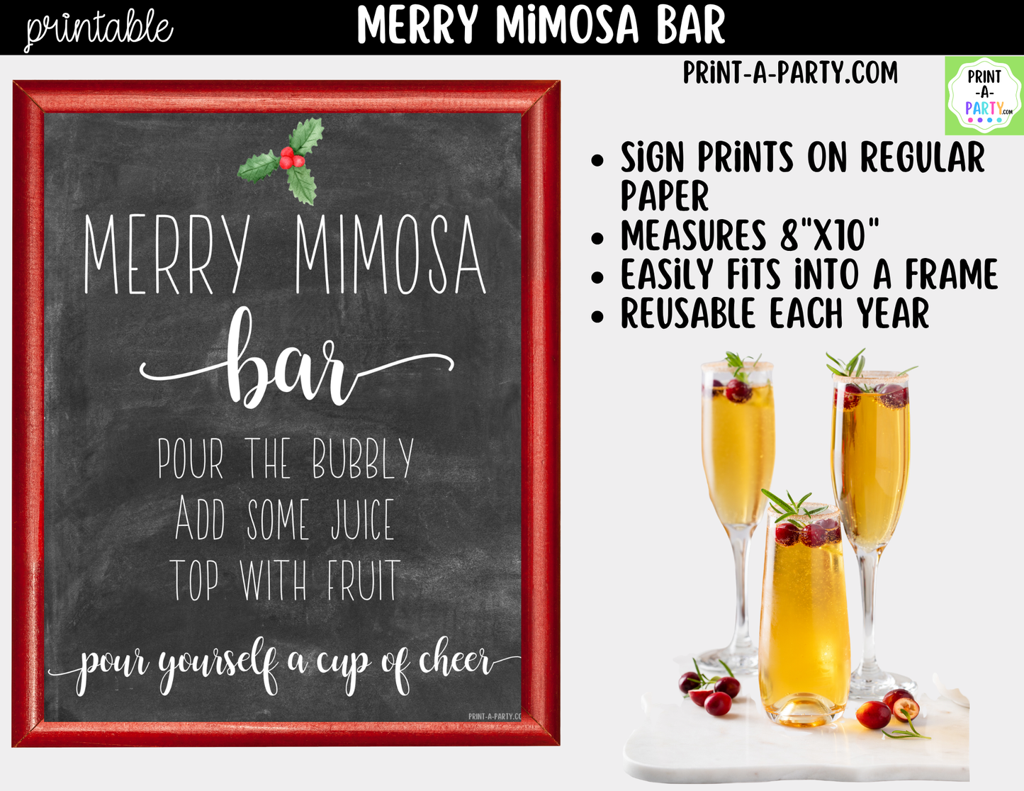 Merry Mimosa Bar Sign & Juice Labels Printable – Christmas Drink Station Kit