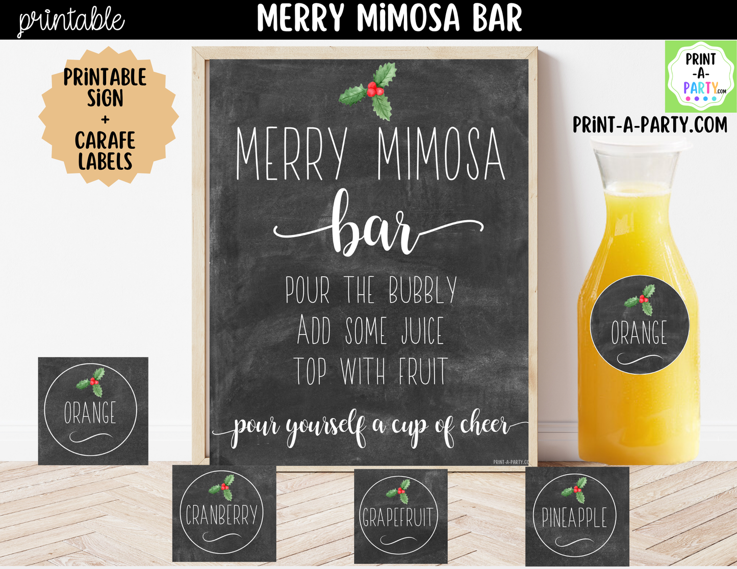 Merry Mimosa Bar Sign & Juice Labels Printable – Christmas Drink Station Kit