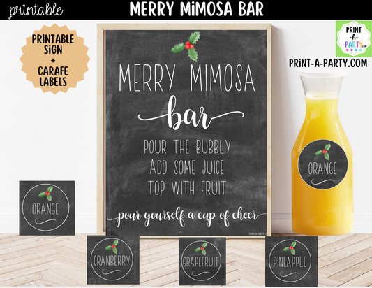 Merry Mimosa Bar Sign & Juice Labels Printable – Christmas Drink Station Kit
