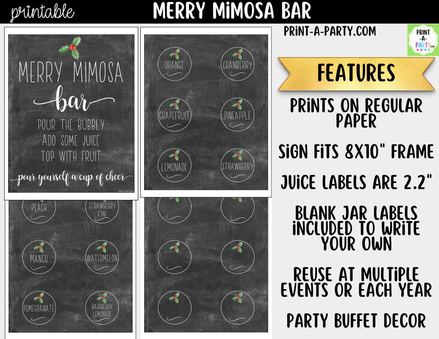 Merry Mimosa Bar Sign & Juice Labels Printable – Christmas Drink Station Kit