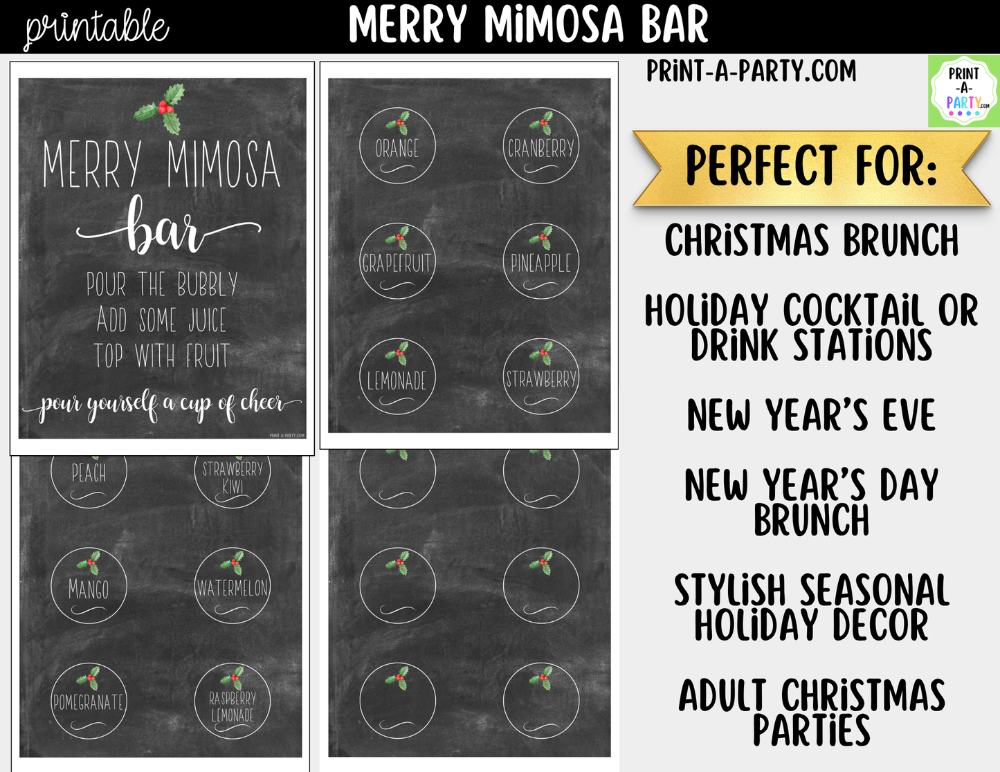 Merry Mimosa Bar Sign & Juice Labels Printable – Christmas Drink Station Kit