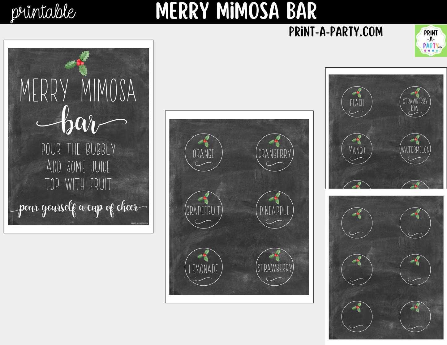 Merry Mimosa Bar Sign & Juice Labels Printable – Christmas Drink Station Kit