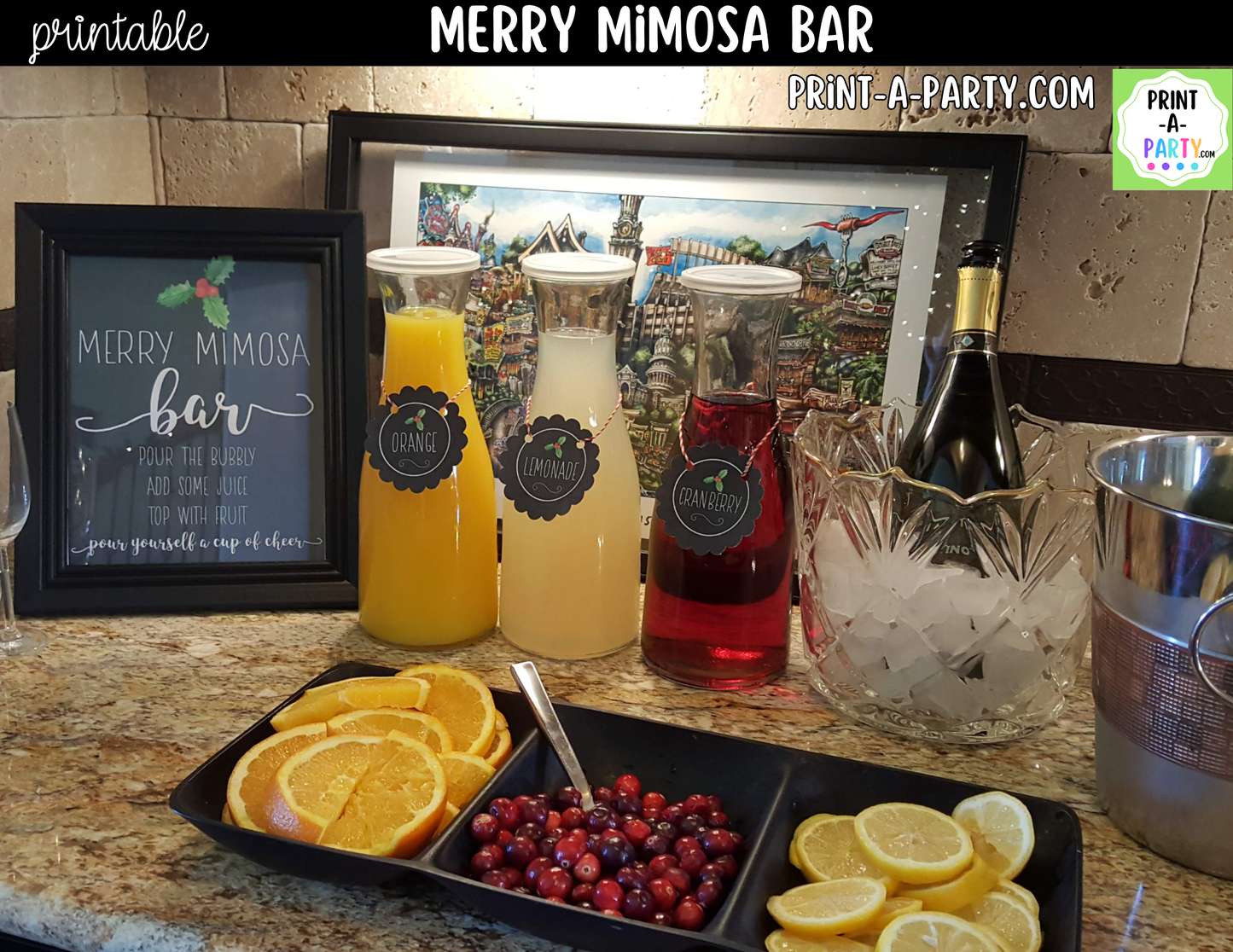 Merry Mimosa Bar Sign & Juice Labels Printable – Christmas Drink Station Kit