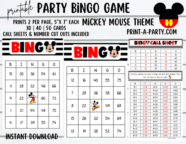 BINGO: Mickey Mouse | Classrooms | Parties | Birthday | 30, 40, or 50 cards - INSTANT DOWNLOAD