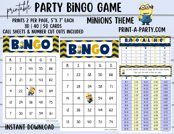 BINGO: Minions | Classrooms | Parties | Birthday | 30, 40, or 50 cards - INSTANT DOWNLOAD