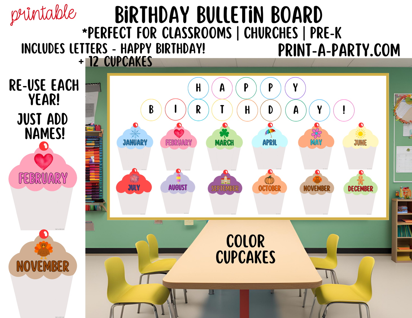 Birthday Bulletin Board Printable Display - Monthly Cupcake Theme for Classroom Decor