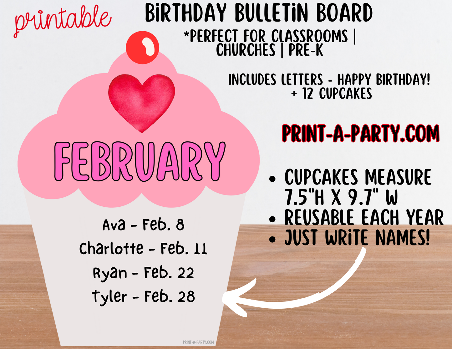 Birthday Bulletin Board Printable Display - Monthly Cupcake Theme for Classroom Decor