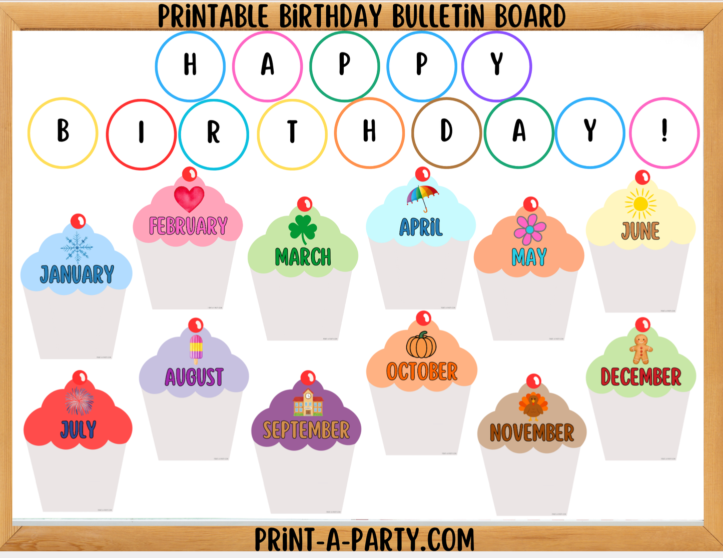 Birthday Bulletin Board Printable Display - Monthly Cupcake Theme for Classroom Decor