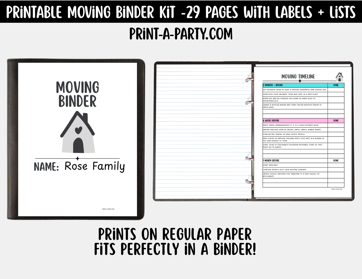 Moving Planning Binder – 29 Pages Color-Coded Labels, Lists & Checklists (Instant Download)