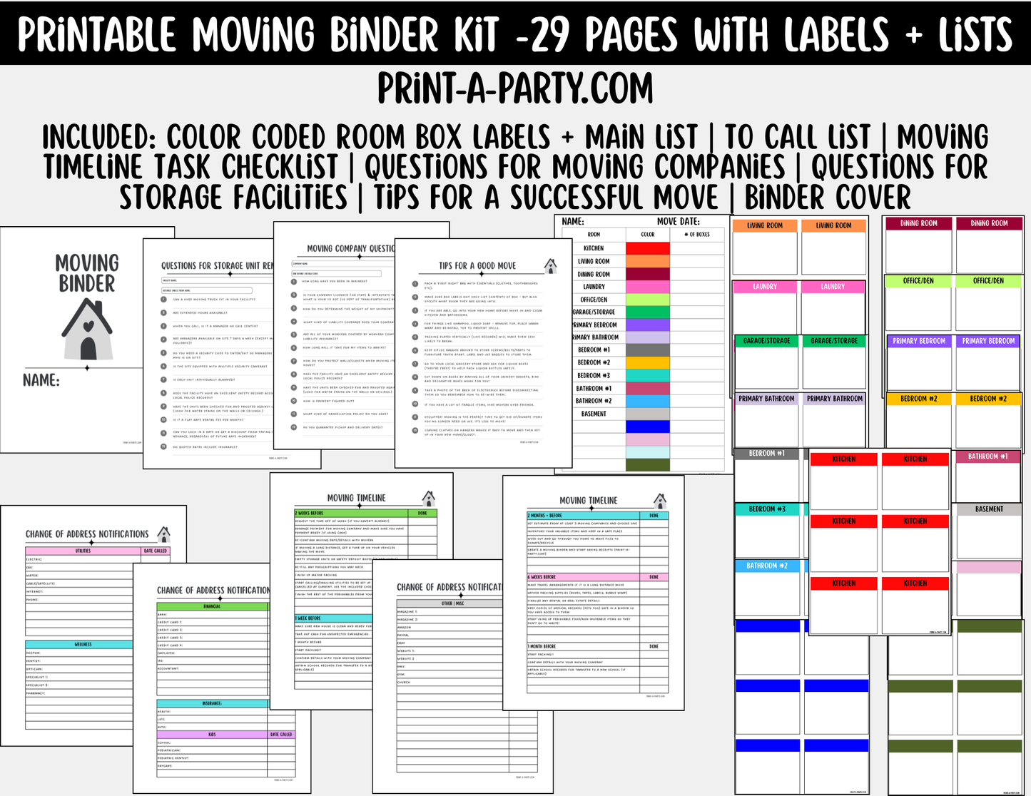 Moving Planning Binder – 29 Pages Color-Coded Labels, Lists & Checklists (Instant Download)