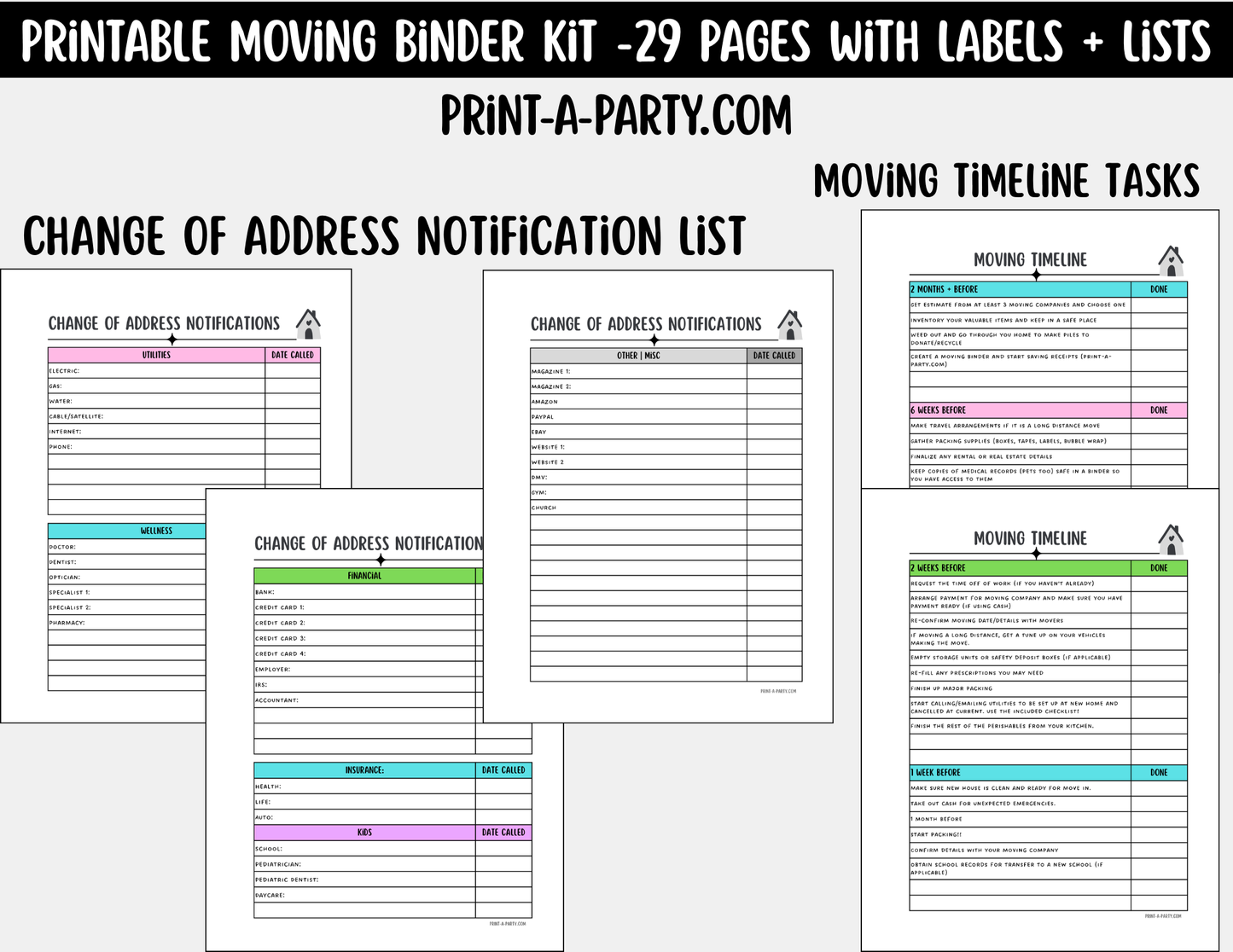 Moving Planning Binder – 29 Pages Color-Coded Labels, Lists & Checklists (Instant Download)
