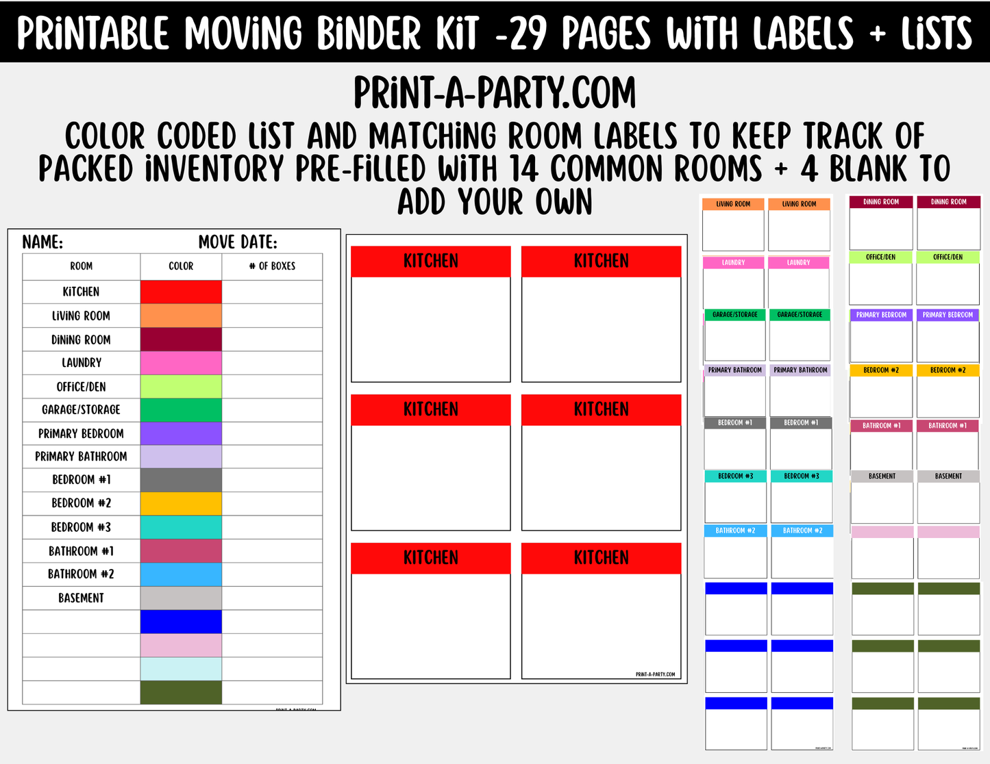 Moving Planning Binder – 29 Pages Color-Coded Labels, Lists & Checklists (Instant Download)