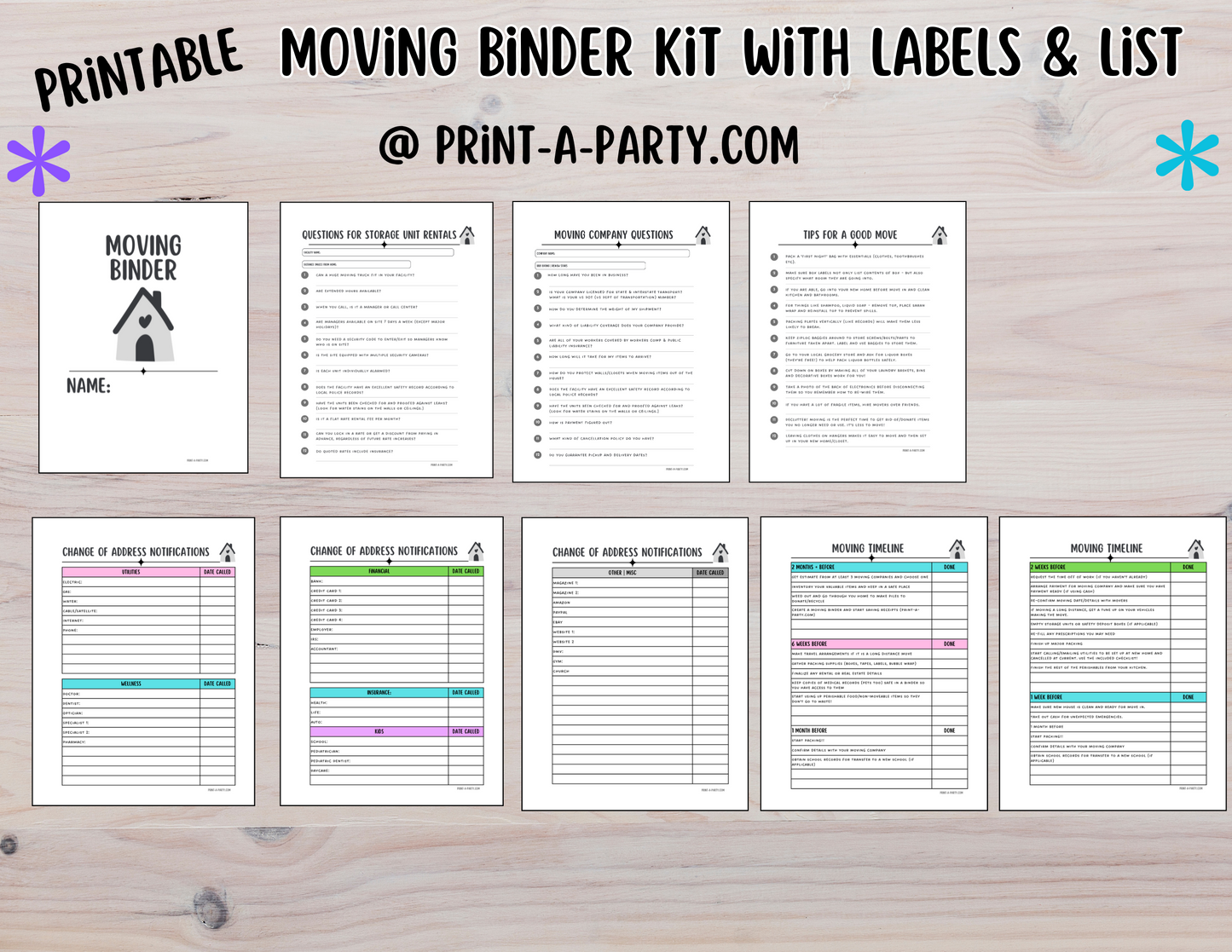 MOVING PLANNING BINDER: 29 Pages | Color Coded Moving Box Labels (18) | Main Tracking List | To Call List | Moving Timeline Checklist | INSTANT DOWNLOAD - Have an organized move!