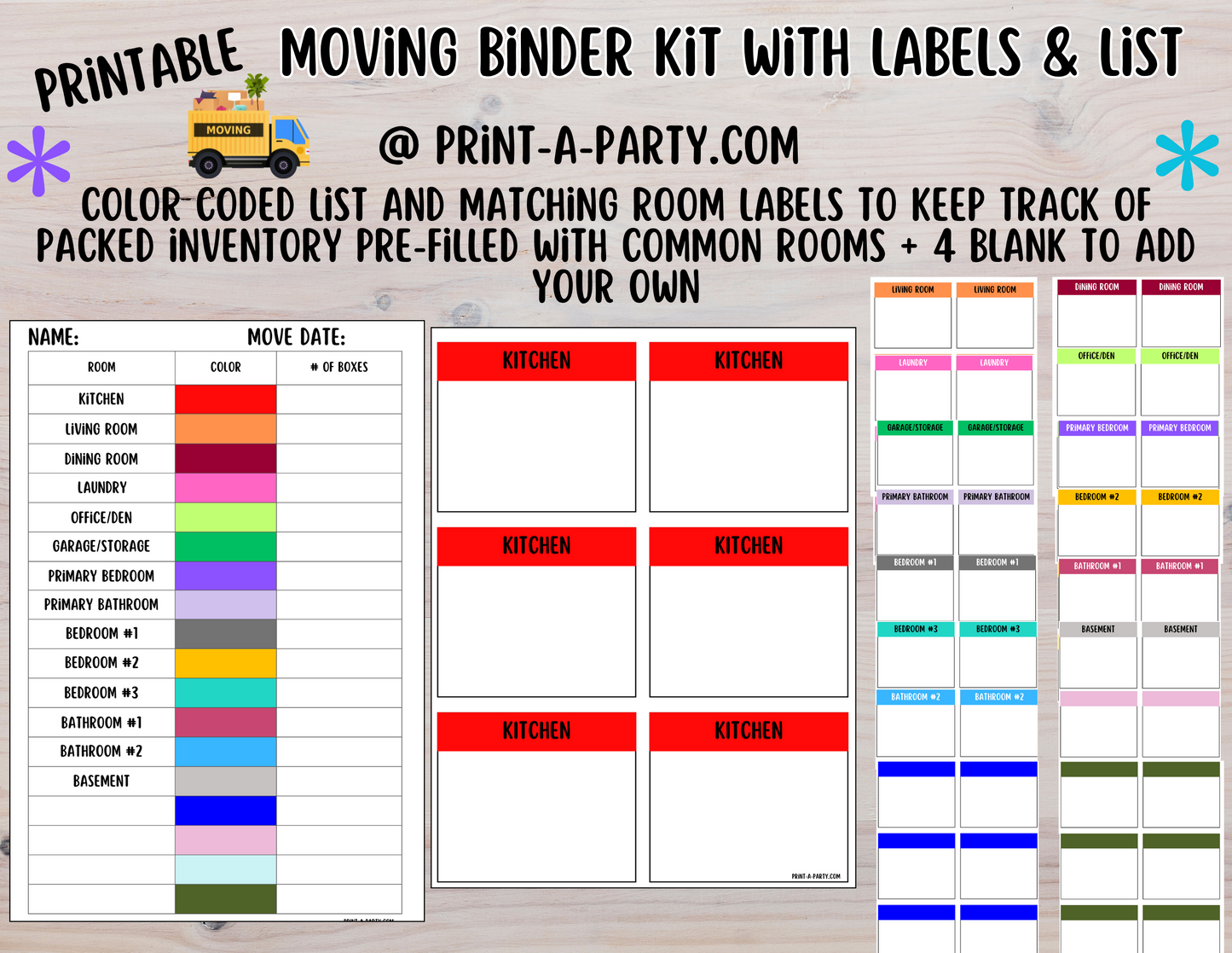 MOVING PLANNING BINDER: 29 Pages | Color Coded Moving Box Labels (18) | Main Tracking List | To Call List | Moving Timeline Checklist | INSTANT DOWNLOAD - Have an organized move!