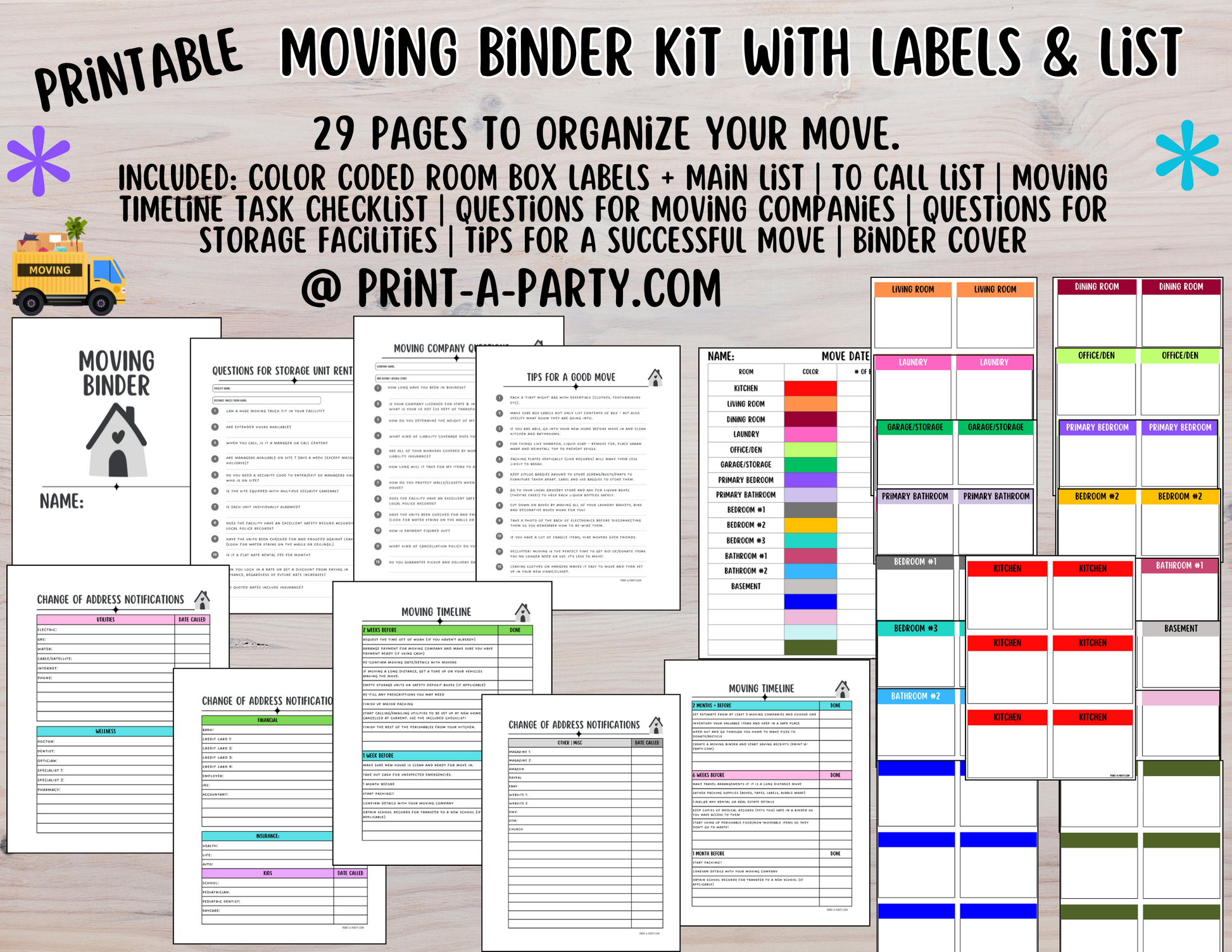 MOVING PLANNING BINDER: 29 Pages | Color Coded Moving Box Labels (18) – PrintAParty moving-planning-binder-29-pages-color-coded-moving-box-labels-18-printaparty