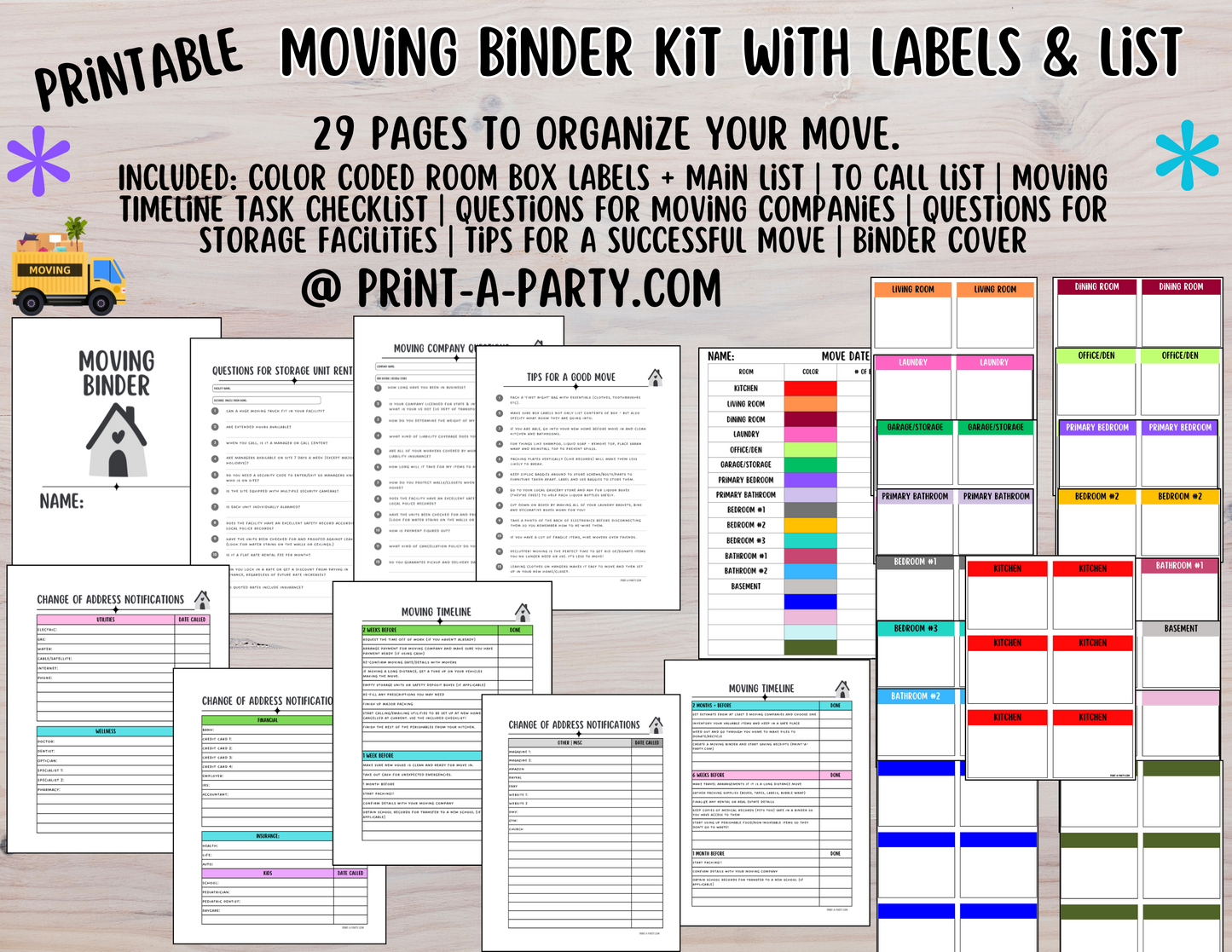 MOVING PLANNING BINDER: 29 Pages | Color Coded Moving Box Labels (18) | Main Tracking List | To Call List | Moving Timeline Checklist | INSTANT DOWNLOAD - Have an organized move!