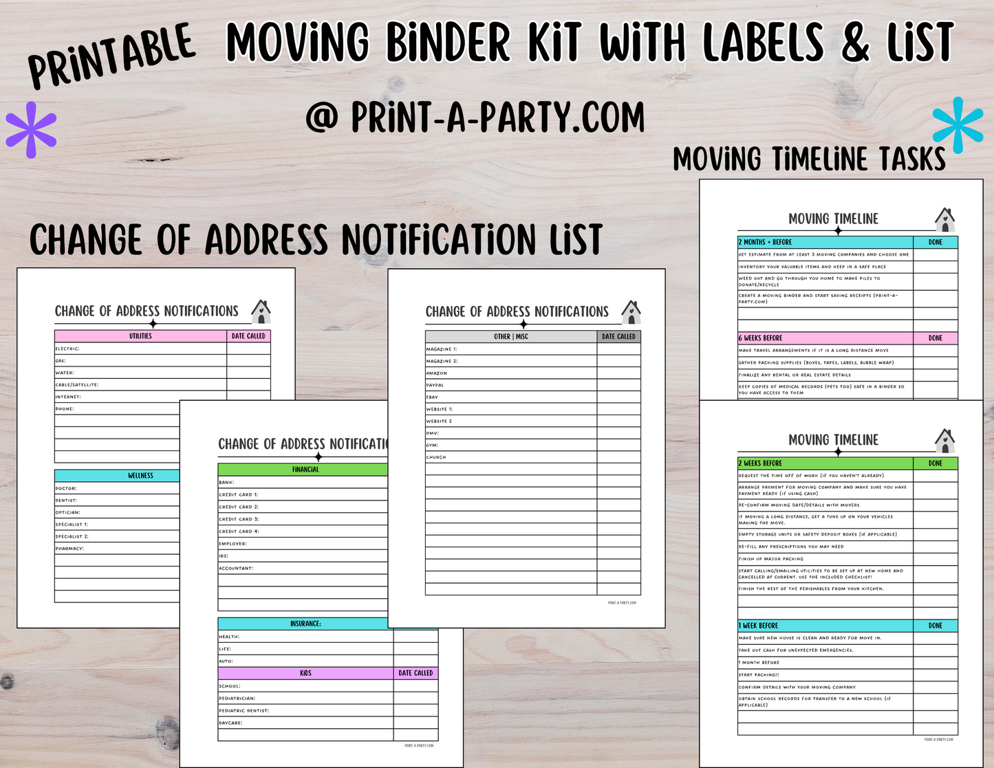 MOVING PLANNING BINDER: 29 Pages | Color Coded Moving Box Labels (18) | Main Tracking List | To Call List | Moving Timeline Checklist | INSTANT DOWNLOAD - Have an organized move!