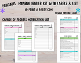 MOVING PLANNING BINDER: 29 Pages | Color Coded Moving Box Labels (18) | Main Tracking List | To Call List | Moving Timeline Checklist | INSTANT DOWNLOAD - Have an organized move!