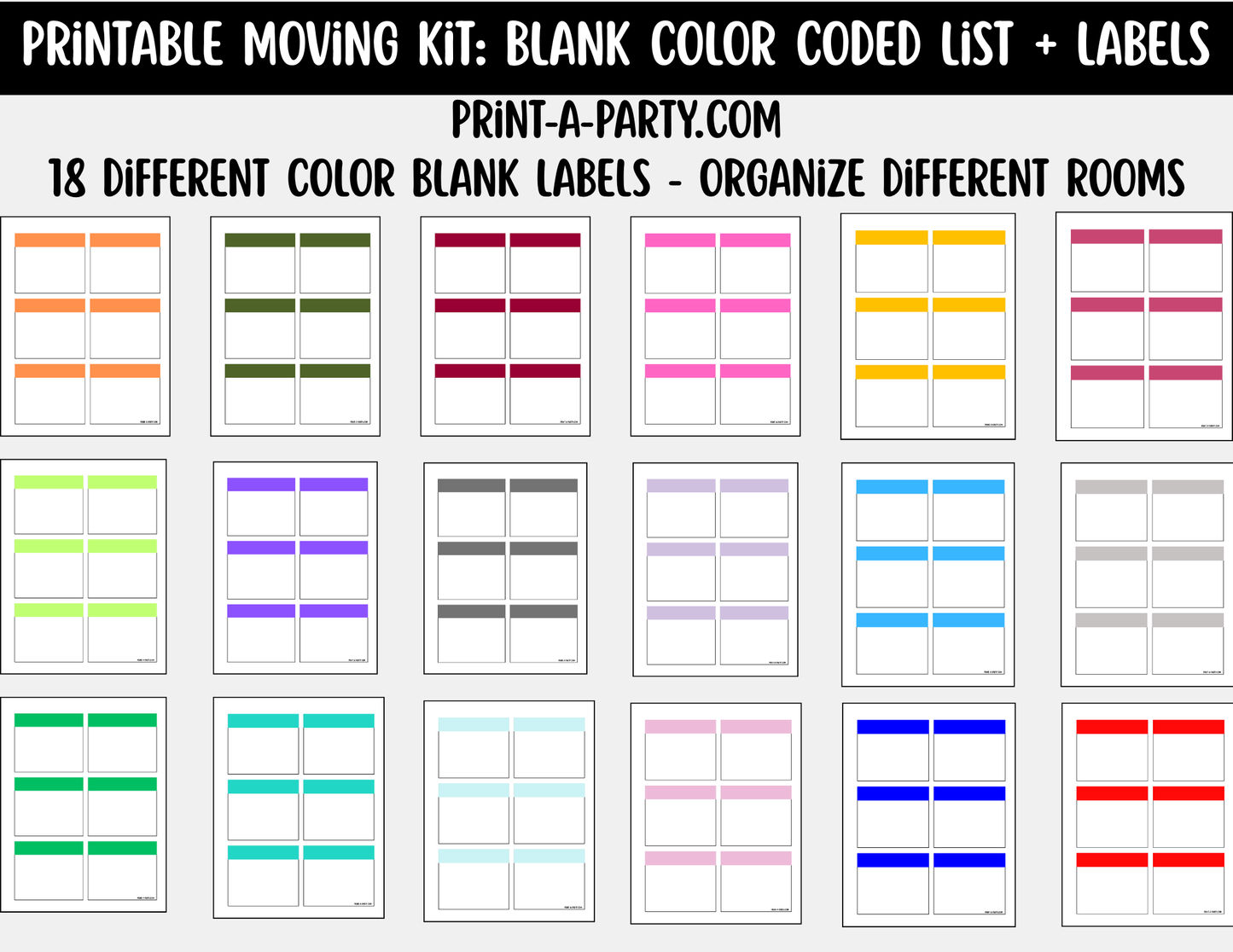 Moving Organization: Printable Blank Color-Coded Moving Box Labels Kit – 18 Colors + Main Tracking List