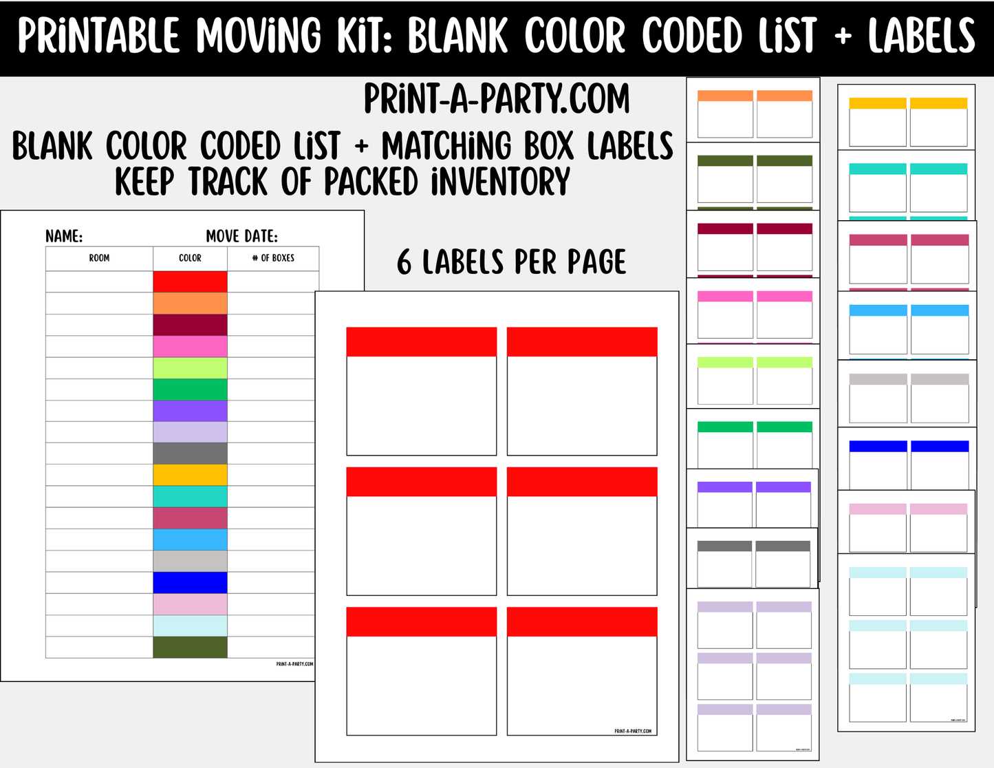 Moving Organization: Printable Blank Color-Coded Moving Box Labels Kit – 18 Colors + Main Tracking List