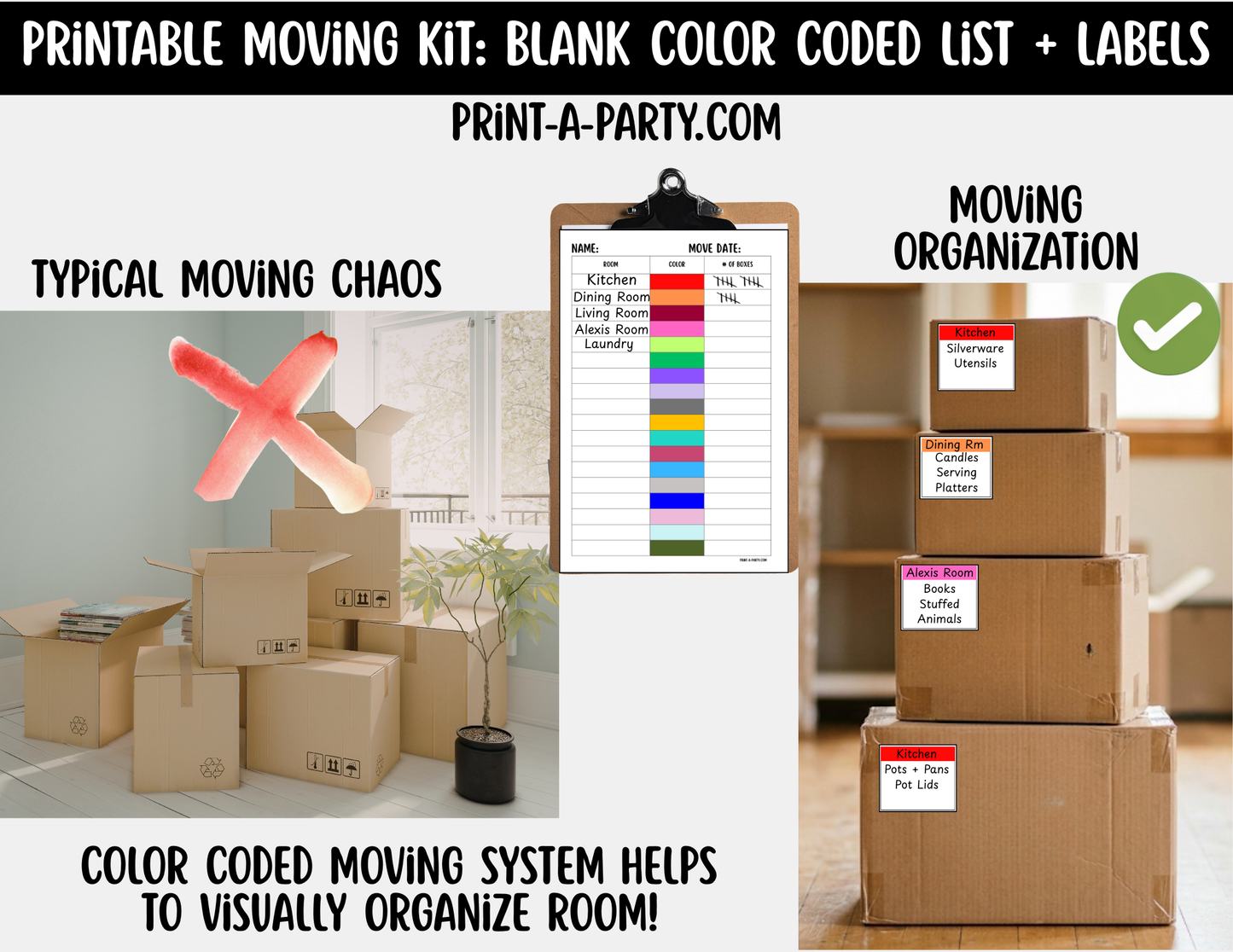 Moving Organization: Printable Blank Color-Coded Moving Box Labels Kit – 18 Colors + Main Tracking List