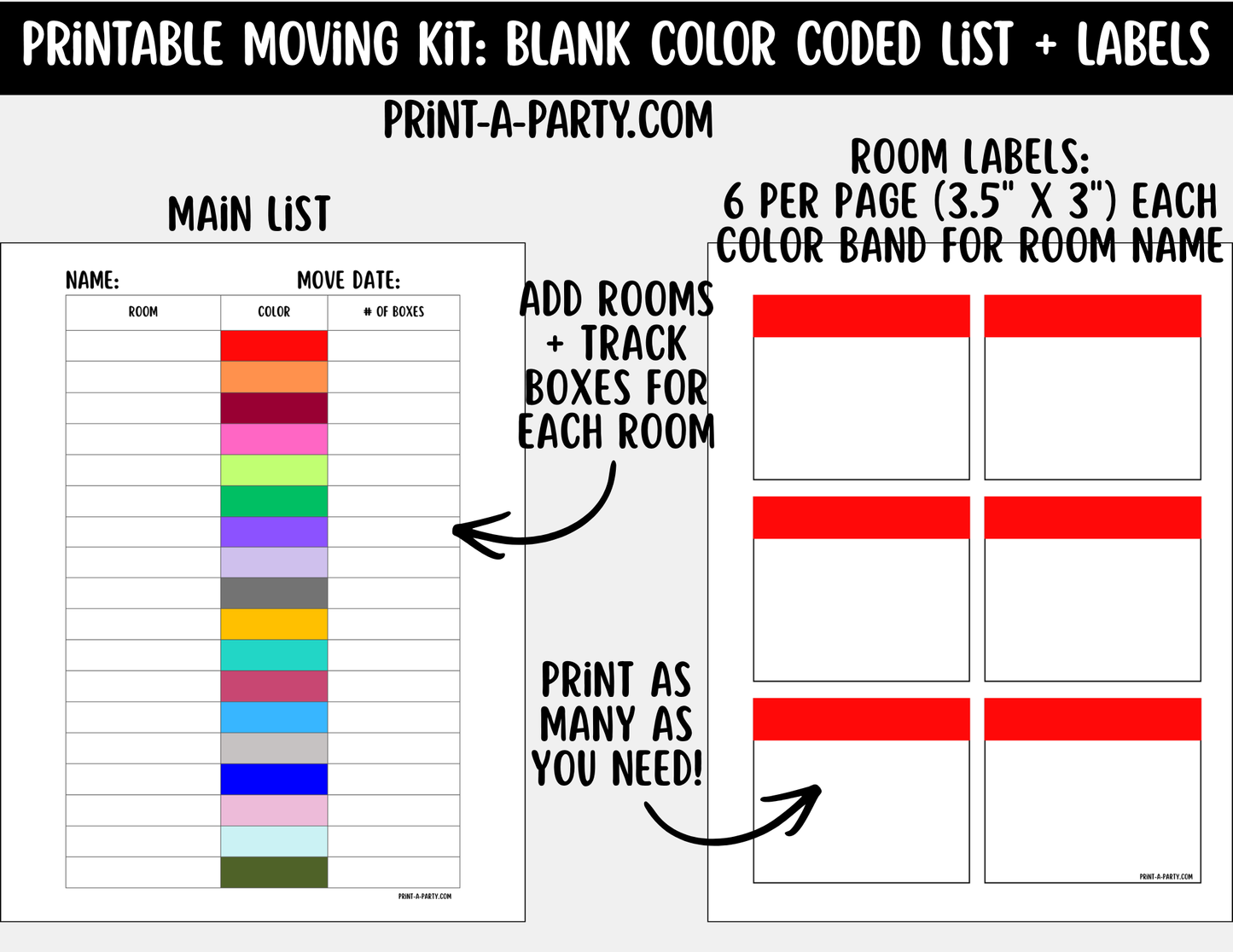 Moving Organization: Printable Blank Color-Coded Moving Box Labels Kit – 18 Colors + Main Tracking List
