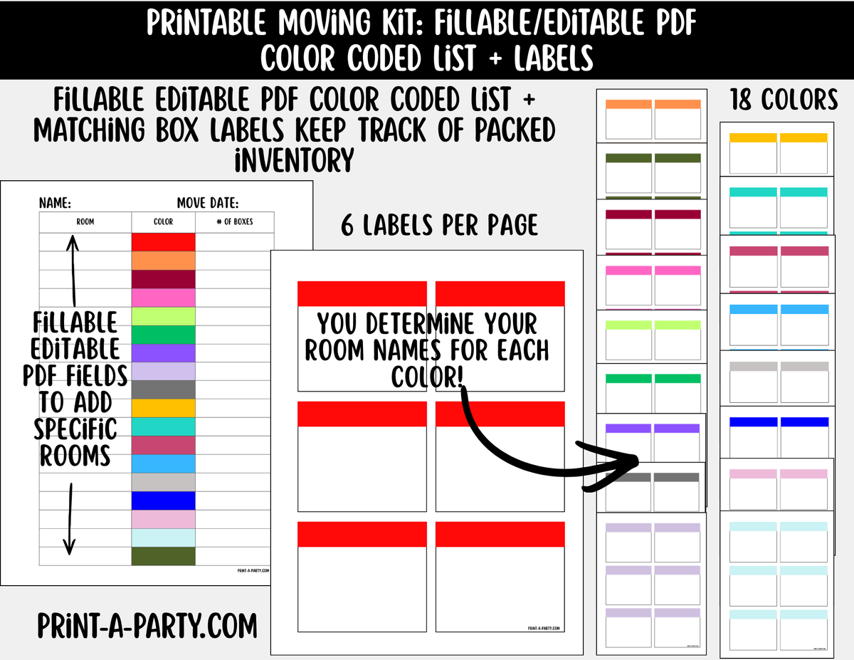 Moving Organization: Fillable PDF Color-Coded Moving Box Labels Kit ...