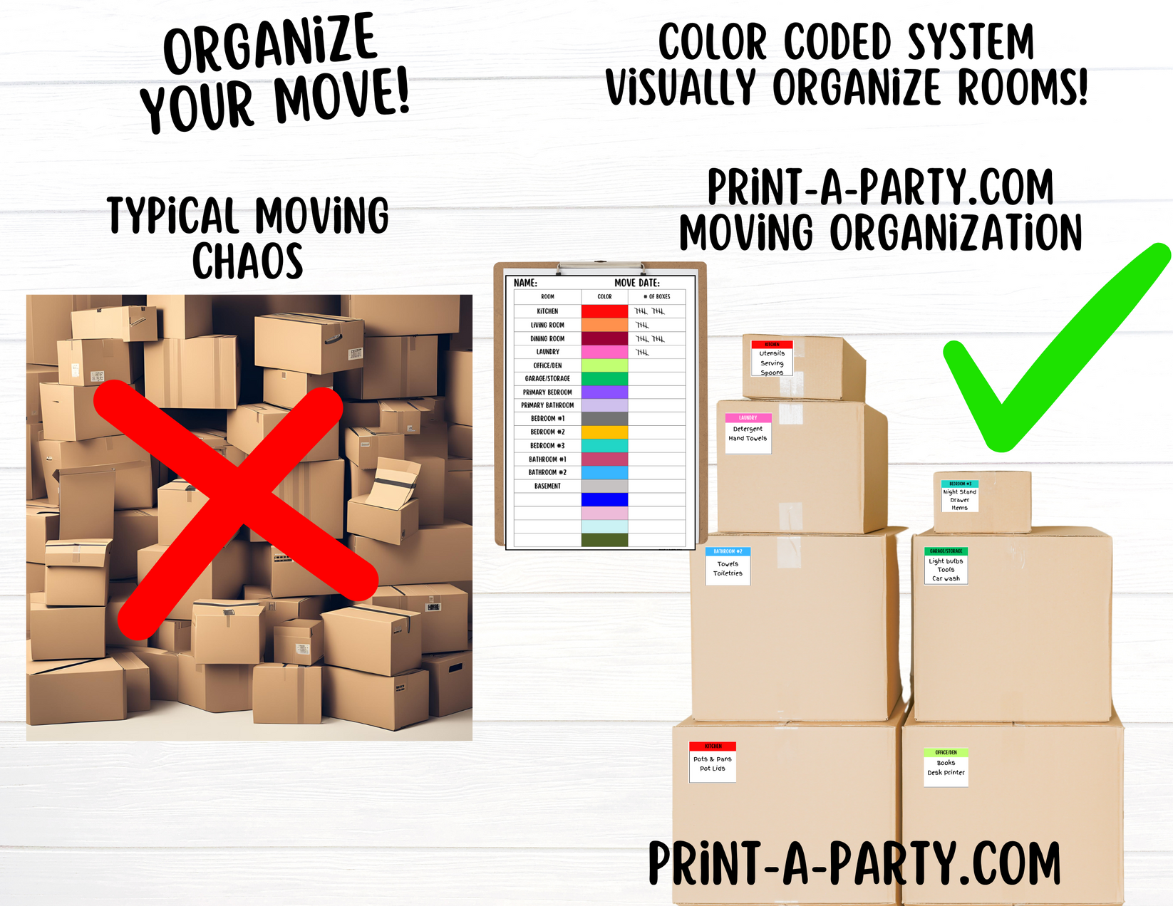 MOVING KIT: Color Coded Room Pre-filled Moving Box Labels (18) | Main ...