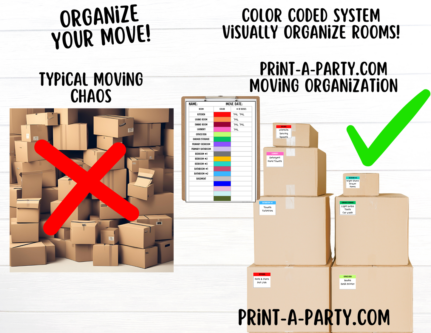 MOVING ORGANIZATION KIT: Pre-Filled Color Coded Moving Box Labels (18) | Main Tracking List | INSTANT DOWNLOAD - Have an organized move!